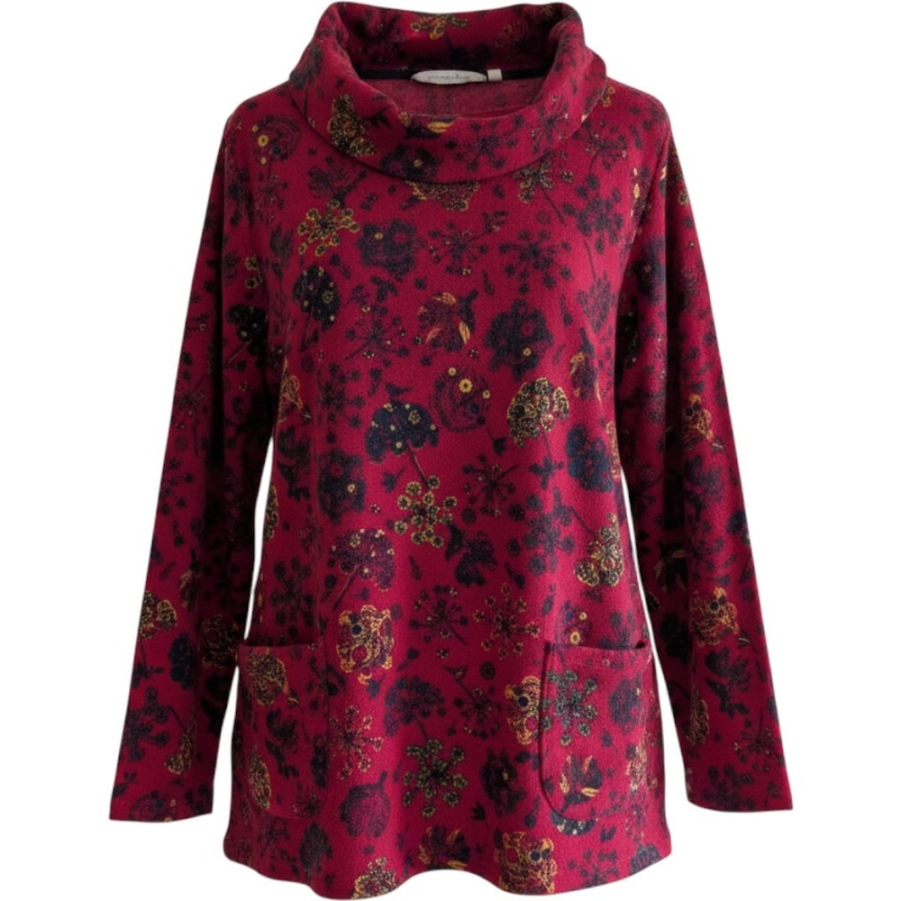 Country Rose Womens Red Floral Cowl Neck Long Sleeve Top with Pockets Size M